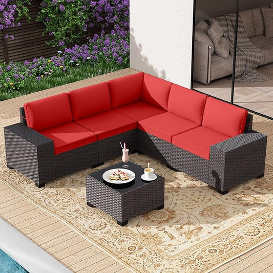 Gotland 6 Pieces Patio Furniture Set with 1 Coffee Table, 5 Seater Rattan Outdoor Sectional with Wide Armrests 29.5'' High Backrest Thick Waterproof Cushions, Conversation Sets for Deck Garden Red