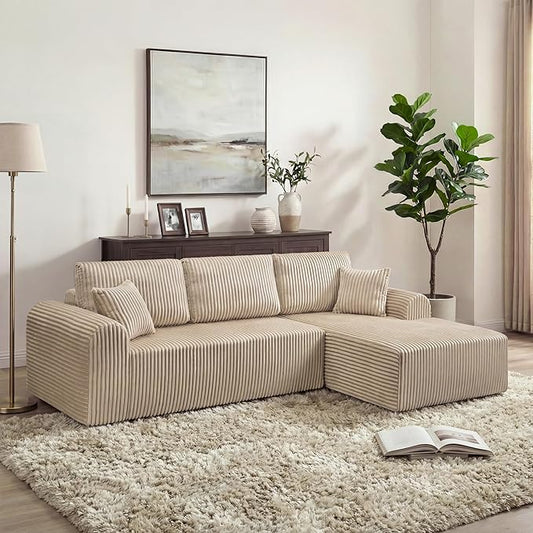 109-Inch L-Shaped Right Facing Boneless Corner Sofa 2 PCS Modular Sectional Cloud Sofa Couch with Chaise Lounge and Toss Pillow, Corduroy Boneless L-Shaped Couches