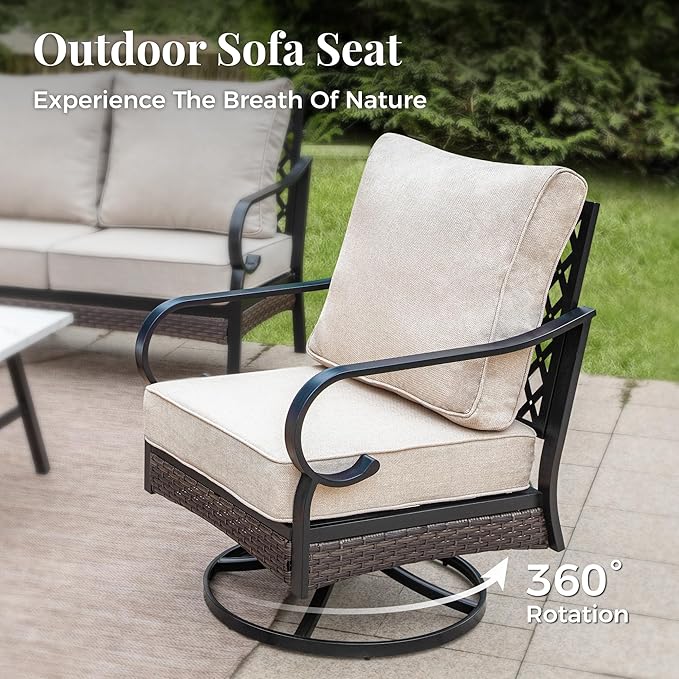Patio Furniture Set with Coffee Table, Outdoor Conversation Set with 2 x Fixed Chairs, 2 x Swivel Chairs, 1 x 3-Seat Sofa for Lawn Garden Backyard, Beige