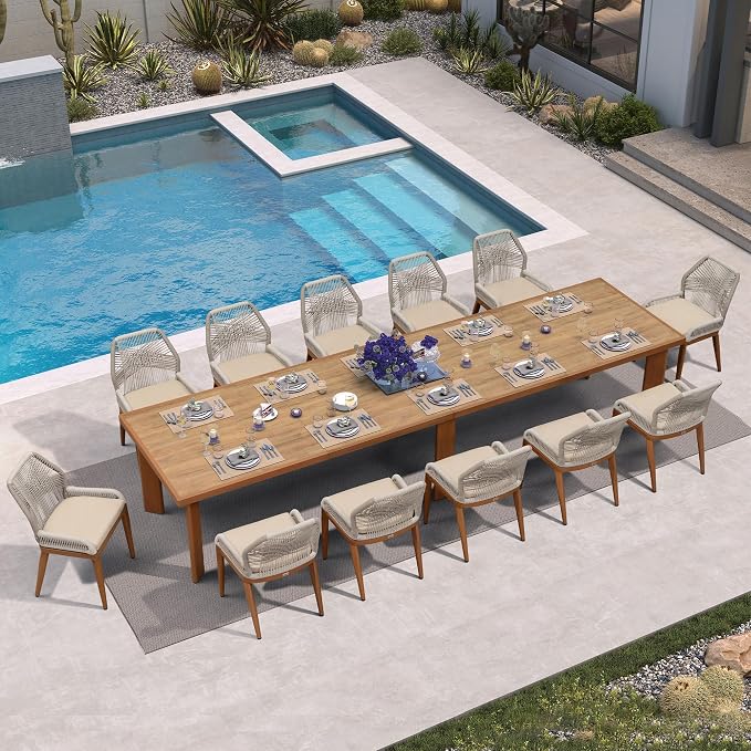 PURPLE LEAF 13 Pieces Patio Dining Set Aluminum Rectangular Table and Wicker Chairs with Cushions for Kitchen Porch Garden Modern Outdoor Furniture Sets - Image 2
