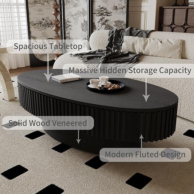 Oval Coffee Table with Storage for Living Room Fluted Pedestal Coffee Table Modern Handcrafted Centre Table for Apartment, Easy Assembly 47.2"x23.6", Black
