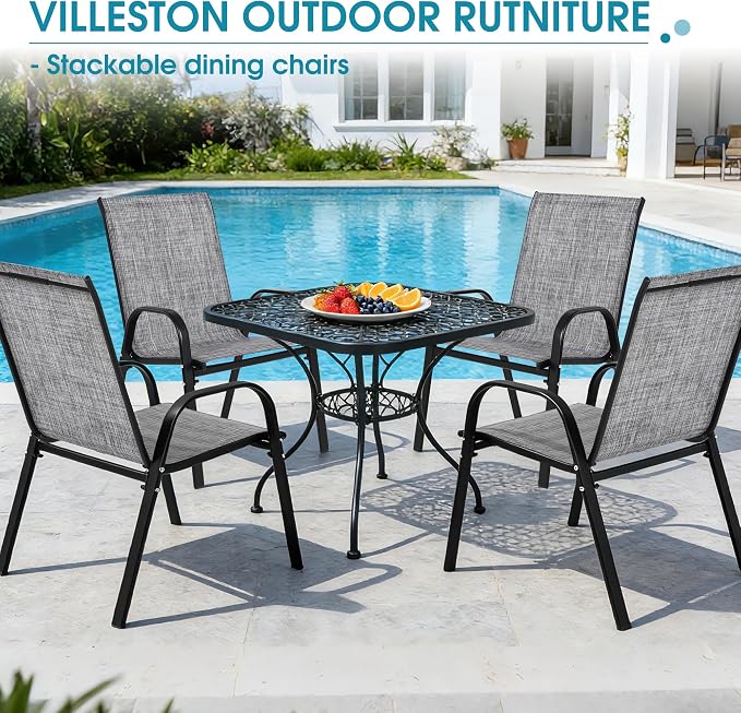 Outdoor Stackable Chairs Set of 4, Stacking Patio Chairs with Textilene Fabric, Outside Furniture for Garden Backyard Balconie Poolside Deck, Grey - Image 8