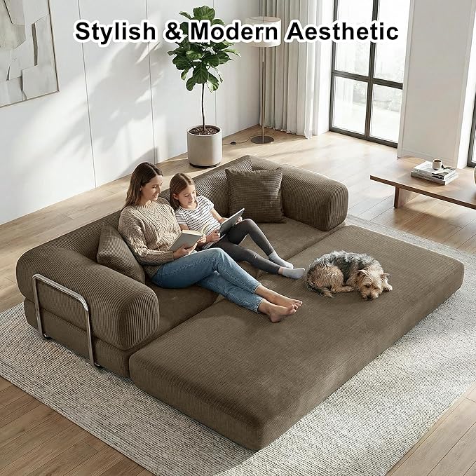 78 Inch Folding Convertible Sofa Bed, 4-in-1 Oversized Cloud Corduroy Upholstered Boneless Couch, Loveseat Sleeper with Pull Out Bed, Modular Futon Floor Sofa Couch for Living Room Bedroom Lounge