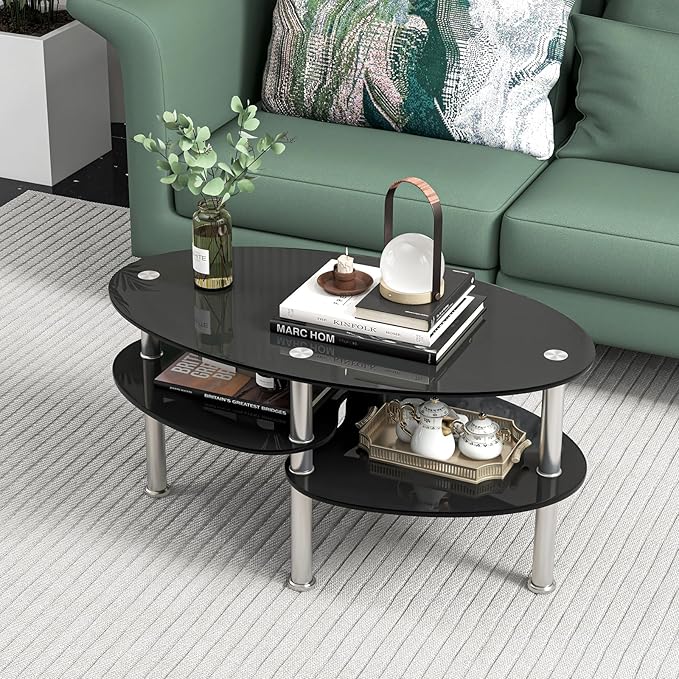 Giantex Oval Glass Coffee Table - 3-Tier Transparent Tempered Glass Table W/Sturdy Chrome Plated Legs, Small Sofa Side Table, End Table for Living Room, Bedroom, Office, 35"× 20" ×18" (Black)