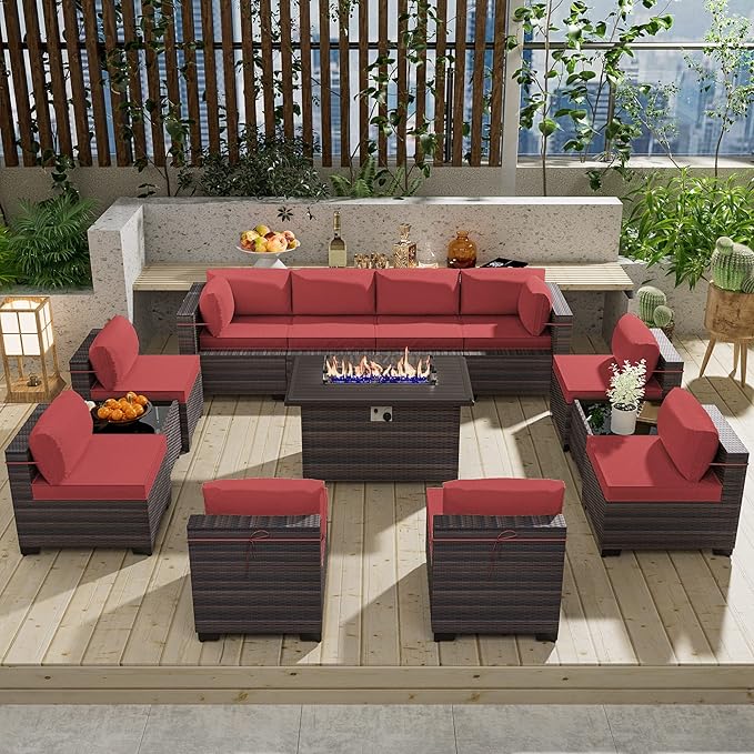 13 Pieces Outdoor Patio Furniture Set,Outdoor Sectional Furniture with 43" 55000 BTU Gas Propane Fire Pit Table,PE Rattan Wicker Patio Conversation Set with 10 Thickened Cushions,Red