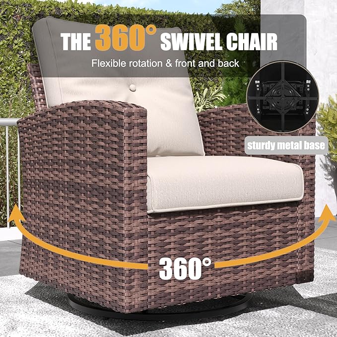 LayinSun 6 Pieces Patio Furniture Set with Swivel Chairs, Rattan Wicker Rocking Glide Chairs with Coffee Table Conversation Set