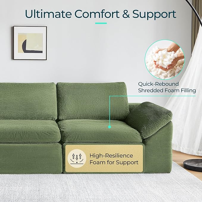 LINSY HOME 109" Modular Couch Modern Boneless Cloud Couch, U Shaped Sofa with Movable Ottomans, Deep Seat Corduroy Sectional Couches for Living Room, Apartment, No Assembly Required, Green