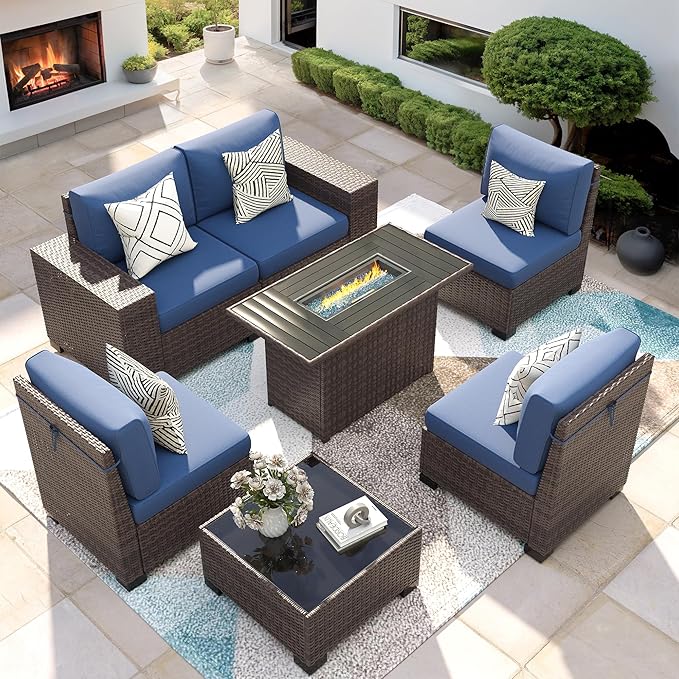 7 Piece Patio Furniture Set with Fire Pit Table, Outdoor Conversation Sets Wicker Rattan Sectional Sofa with Coffee Table for Patio Garden Backyard, 4'' Thickened Cushion Navy Blue