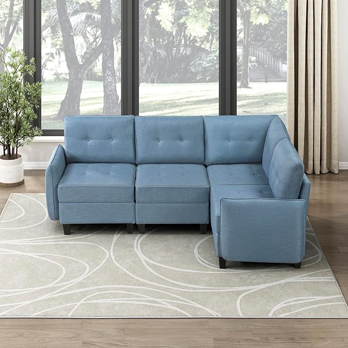 Lexicon L Shape Sectional Couch with Hidden Storage, Textured Fabric Modular Sectional Sofa with Button-Tufted Design, Reversible Back Cushion, 4 Seater Sofa, Blue