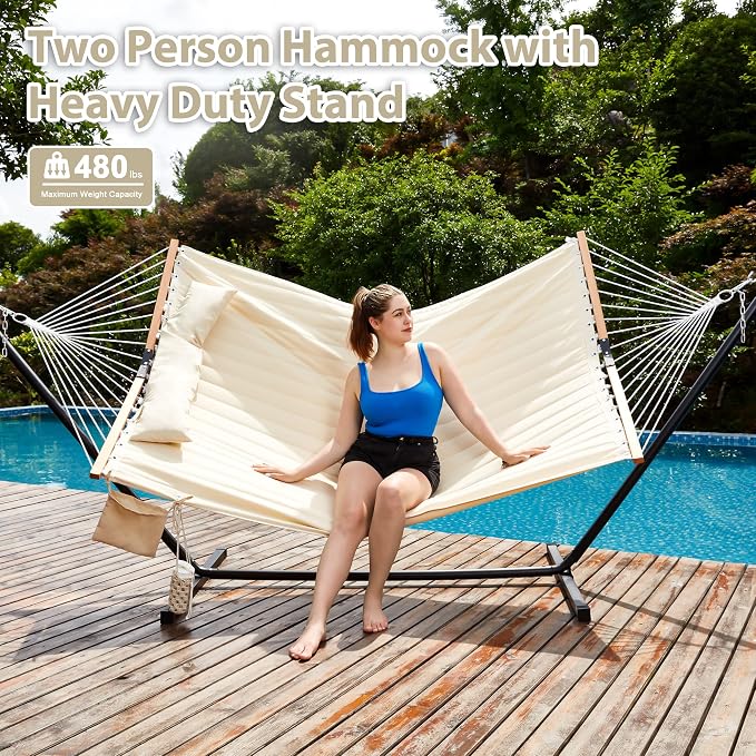 Homgava Two Person Hammock with Stand for Outside Heavy Duty, Outdoor Patio Hammock with Portable Steel Stand, Large Double Hammocks,480lbs Capacity.(Off White) - Image 3