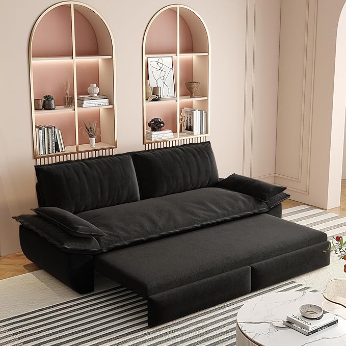 3-in-1 Convertible Sofa Bed Queen Size Pull Out Sleeper Sofa with Heavy Duty Metal Frame, Luxurious Velvet Upholstered Loveseat with 2 Pillows, Modern Folding Guest Bed for Living Room, Apartment