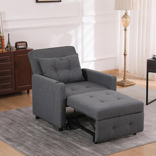 Ball & Cast 3 in 1 Sleeper Sofa Bed,Convertible Pull Out Couch with USB Ports and Side Pocket,Single Sofa Chair W/Adjustable Backrest,Futon Chaise Lounge for Living Room,Apartment,Antique Grey,31"