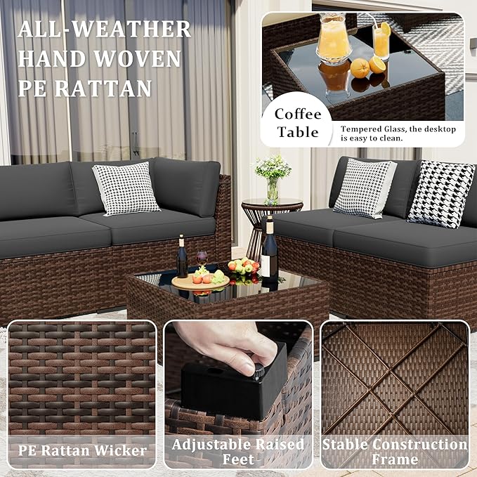 8 Pieces Outdoor Patio Furniture Set with 44" Fire Pit Table Rattan Sectional Conversation Sets w/Gas Fire Pit, Coffee Table, 1 Waterproof Covers, Dark Grey