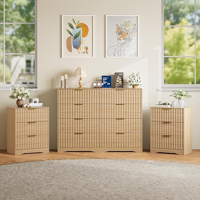 8 Drawer Dresser and Nightstand Sets for Bedroom, Modern Fluted 3 Pcs Bedroom Dresser Furniture Sets, Wood Chest of Drawers and Nightstand Set of 2 with Metal Handles, Natural Oak