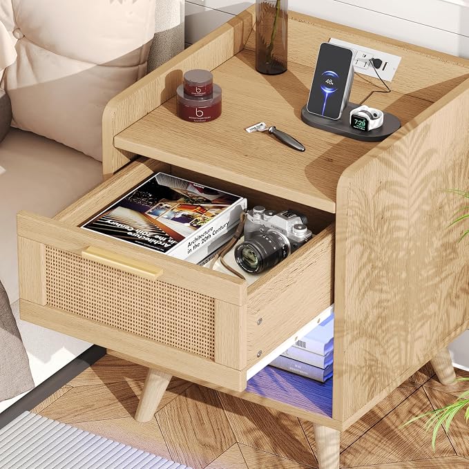 Keehusux Night Stands Set of 2, 13.8"W Nightstands with Charging Station, Boho End Table with LED Lights, Rattan Bed Side Table with Drawer & Metal Handle, Solid Wood Feet, for Bedroom, Dorm, Natural - Image 4