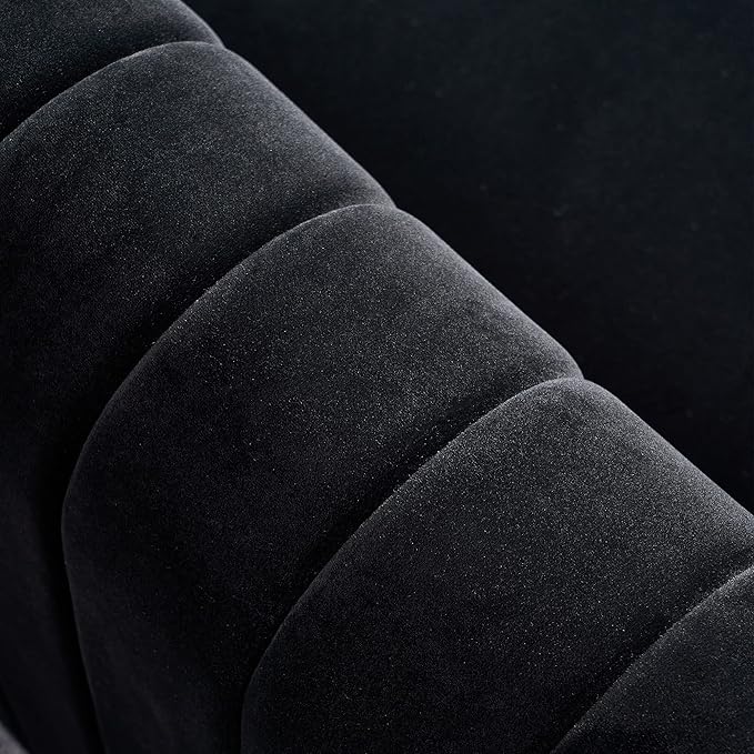 KEIKI 84" Velvet Deep Channel Tufted Sofa with Back Cushions and Rolled Arms, Modern Style 3-Seater Couch with Golden Polished Steel Legs, Easy Assembly, for Living Room, Bedroom, Office, Black
