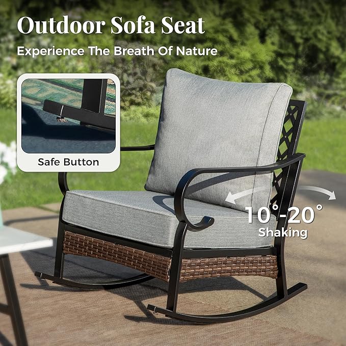 Patio Furniture Set with Coffee Table, Outdoor Conversation Set with 2 x Rocking Chairs, 1 x 3-Seat Sofa for Lawn Garden Backyard, Grey