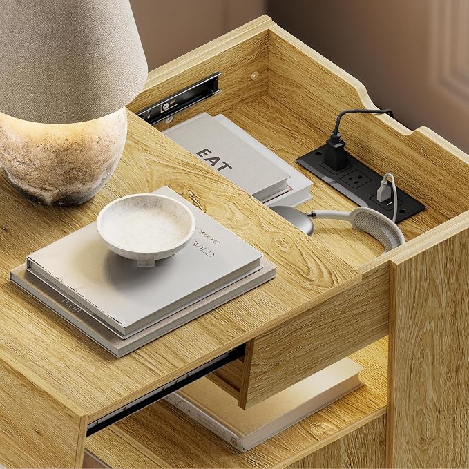Night Stand with Charging Station, Modern LED Nightstand with Sliding Drawer & Storage Cabinet, Wood Bedside Table End Side Table for Bedroom Small Space, Natural Oak - Image 4