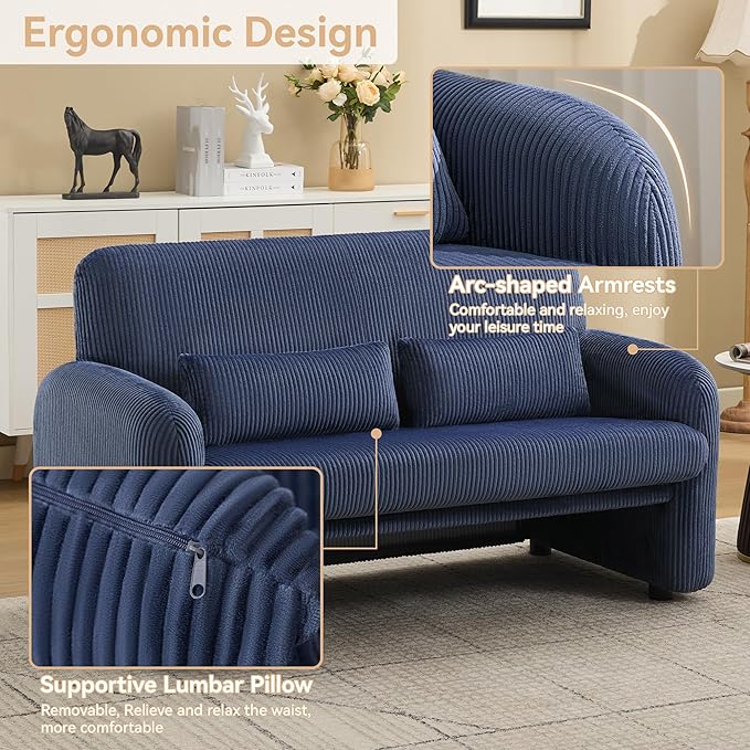 WUTUTUEE Corduroy Accent Living Room Sets, Modern Upholstered Love Seat with 2 Accent Chairs, Wide Comfy Leisure Chair Sets for Bedroom, Office, Blue