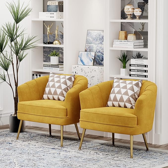 Andeworld Velvet Accent Chair, Upholstered Modern Single Sofa Side Chair,Comfy Barrel Club Living Room Armchair with Golden Metal Legs for Bedroom Living Reading Room Office, Yellow