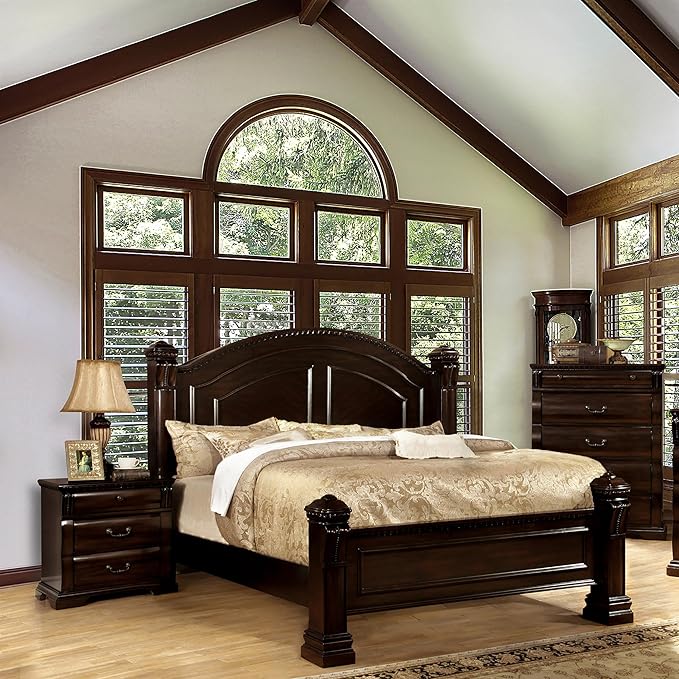 Furniture of America FOA Oulette 3pc Cherry Solid Wood Bedroom Set - King + Nightstand + Chest
