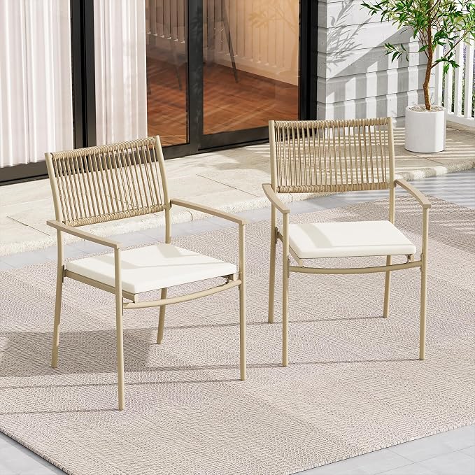 Outdoor Dining Set for 2, Patio Dining Chair with Soft Cushion, Matte Metal Spray Coating Patio Dining Chair, 2 Wicker Rattan Chairs for Backyard, Garden & Poolside,Beige by Unknown
