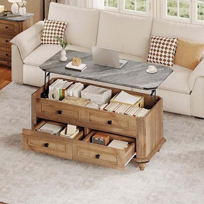 DWVO Lift Top Coffee Table with Storage, Farmhouse Wood Central Table w/Large Hidden Compartment, 2 Storage Drawers, Lift Tabletop Dining Table for Living Room, Reception Room, Rustic Brown