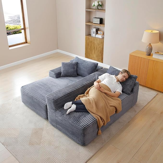 105-Inch L-Shaped Left Facing Corner Compressed Sofa Modular Sectional Boneless Cloud Sofa Floor Foam Couch with Chaise Lounge, Corduroy Corner Boneless Cloud Couch