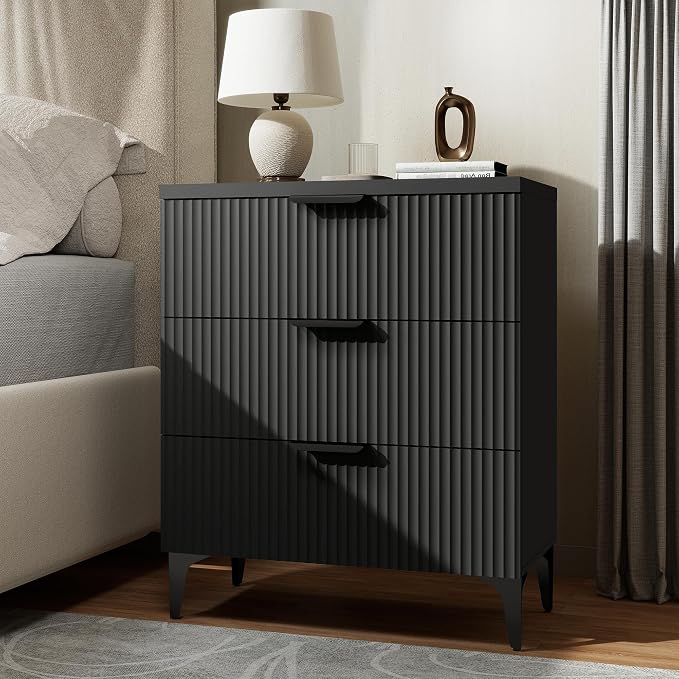 Wood Night Stand Fluted for Bedroom 3 Drawers End Tables Nightstand, Storage Modern Side Table Natural Black Bedside Table - Image 5