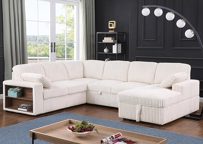 6 Seater Oversized U Shaped Sleeper Sectional Sofa Pull Out Couch Bed, Comfy Corduroy Upholstered Convertible Pullout Lounge Sofa Sofabed w/Storage Chaise, Shelves for Living Room Apartment