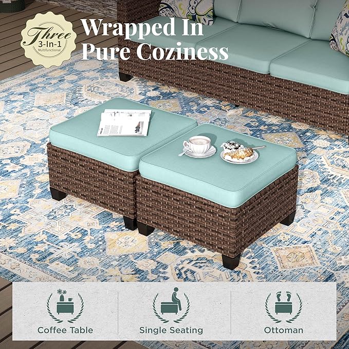 Patio Furniture Set, 6 Pcs Wicker Outdoor Conversation Set, 2 x Swivel Chairs, 1 x 3 Seater Sofa, 1 x 2-Seat Lover Sofa and 2 x Ottomans with 4" Thick Cushion for Garden Backyard Deck, Blue