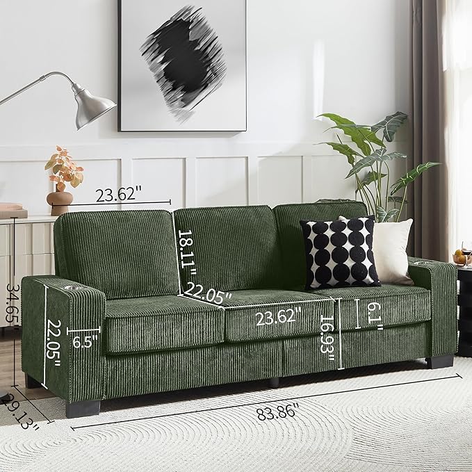 83" Modern Cloud Sofas for Living Room Bedroom, 3 Seat Modular Couch Soft Corduroy Upholstered Loveseat Couches with Cupholders for Home Apartment Office Studio