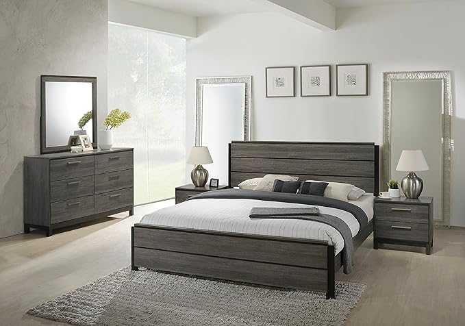 Roundhill Furniture Ioana 187 Antique Grey Finish Wood Bed Room Set, King Size Bed, Dresser, Mirror, 2 Night Stands