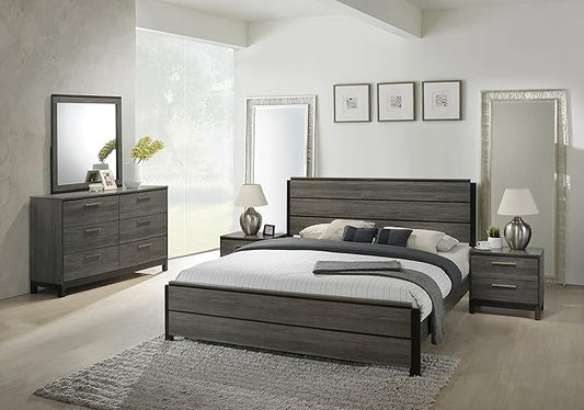 Roundhill Furniture Ioana 187 Antique Grey Finish Wood Bed Room Set, Queen Size Bed, Dresser, Mirror, 2 Night Stands
