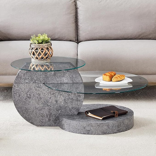 Modern Glass Coffee Table,Small Round Coffee Tables, 35" 3-Tier Circle Wood Coffee Table for Living Room Rustic Circle Center Cocktail Table with Tempered Glass, Unique Accent Table for Small Spaces
