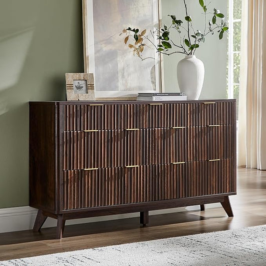 T4TREAM Fluted 7 Drawers Dresser, 54" Wide Modern Chest of Drawers, Curved Profile Design, Dresser TV Stand, Wood Drawer Organizer for Bedroom, Living Room, Hallway, Dark Walnut by T4TREAMFurniture