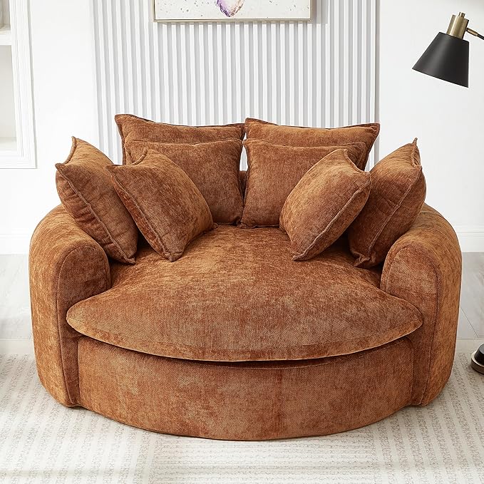 Merax 59.8" Full-Compressed Round Chaise Sofa, Boneless Loaf Style Chenille Upholstered Sofa Bed with 8 Throw Pillows for Living Room, Orange
