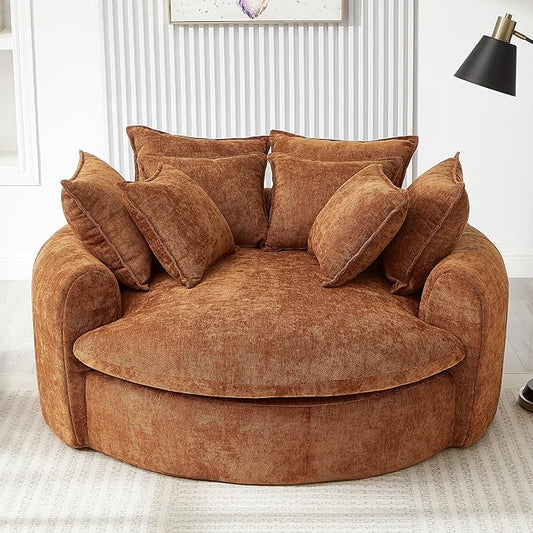 Merax 59.8" Full-Compressed Round Chaise Sofa, Boneless Loaf Style Chenille Upholstered Sofa Bed with 8 Throw Pillows for Living Room, Orange