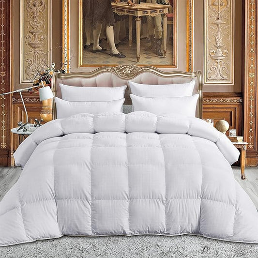 Luxurious All-Season King/California King Goose Down Comforter Duvet Insert, Exquisite Dobby Checkered Design, 300 Thread Count 100% Egyptian Cotton, 65 oz Fill Weight, Baffle Box, White