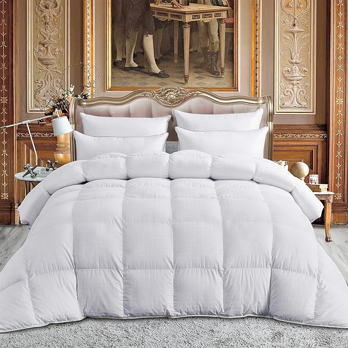 Luxurious Full/Queen Size Goose Down Comforter Duvet Insert, Exquisite Dobby Checkered Design, 1200 Thread Count 100% Egyptian Cotton, Hypoallergenic, 55 oz Fill Weight, Premium Baffle Box, White