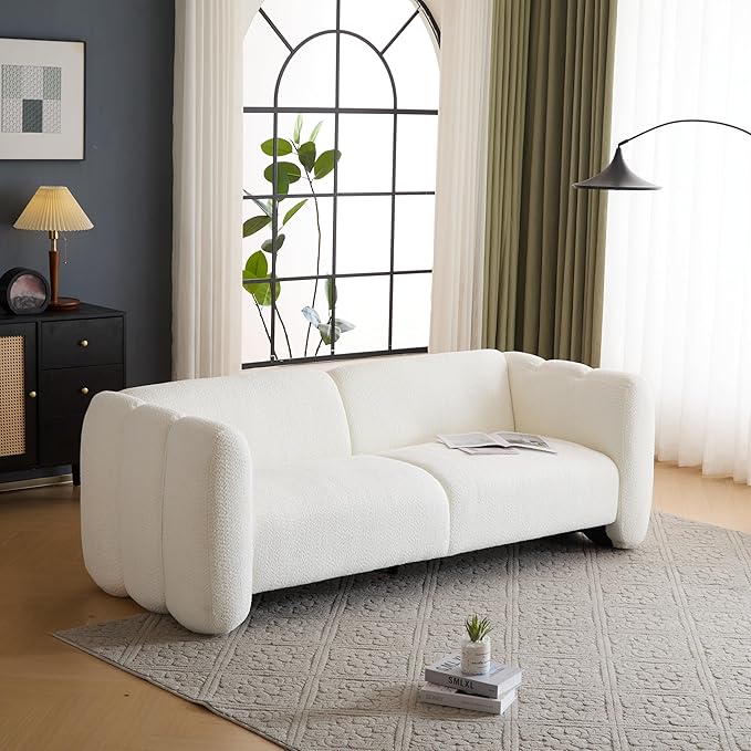 Christopher Knight Home Carine 83‘’ Sofa Couch, Cozy Boucle Fabric Upholstered 3-Seater Seating Sofa, Comfy Couches for Living Room and Office, Modern Oversized Loveseat, Curved Wave Design, White