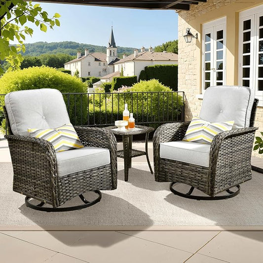 ovios 3-Piece Patio Furniture Set, Outdoor Wicker Sofa with Swivel Chairs, High Back Rattan Gliders Rocker with Comfy Cushions for Porch Yard Deck, Grey