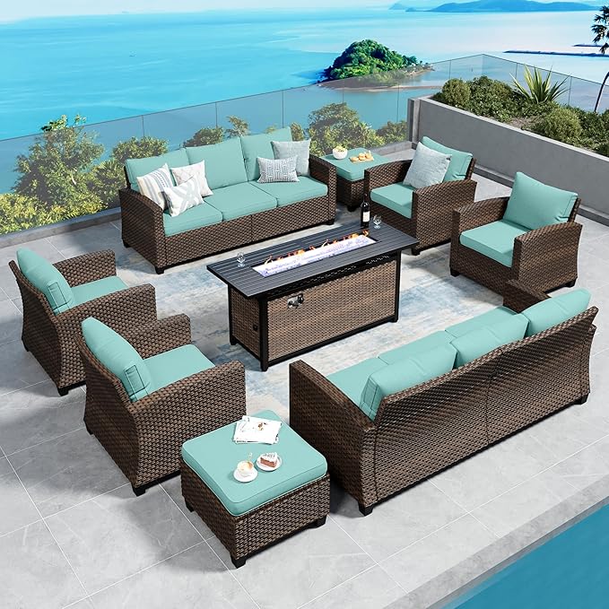 Patio Furniture Set Outdoor Furniture Brown Wicker Rattan Patio Conversation Sets with Cushion Outside Sofa Set,8 Pieces with Rectangular Firepit Table,12 Seats,Blue