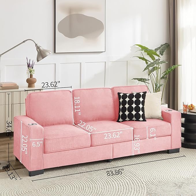 83" Modern Cloud Sofas for Living Room Bedroom, 3 Seat Modular Couch Soft Corduroy Upholstered Loveseat Couches with Cupholders for Home Apartment Office Studio