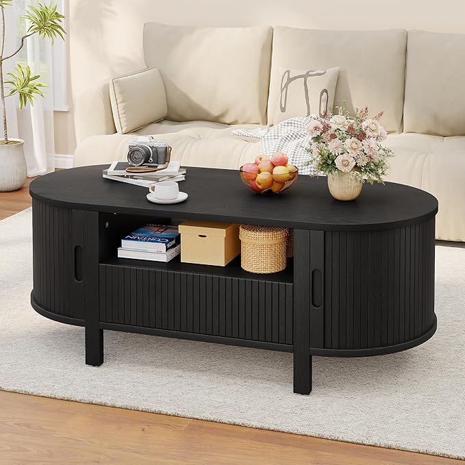 47" Oval Coffee Table, Tambour Design Coffee Tables for Living Room, Mid Century Modern Wood Coffee Table, 3-Tier Accent Center Table with Storage, Large Drawer, Black