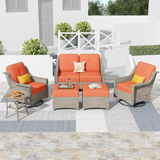 HOOOWOOO 6 Piece Patio Furniture Conversation Sets with Swivel Rocking Chairs,Outdoor Wicker Furniture with Ottoman,All Weather Resistant High Back Rattan Conversational Set(Orange Red)