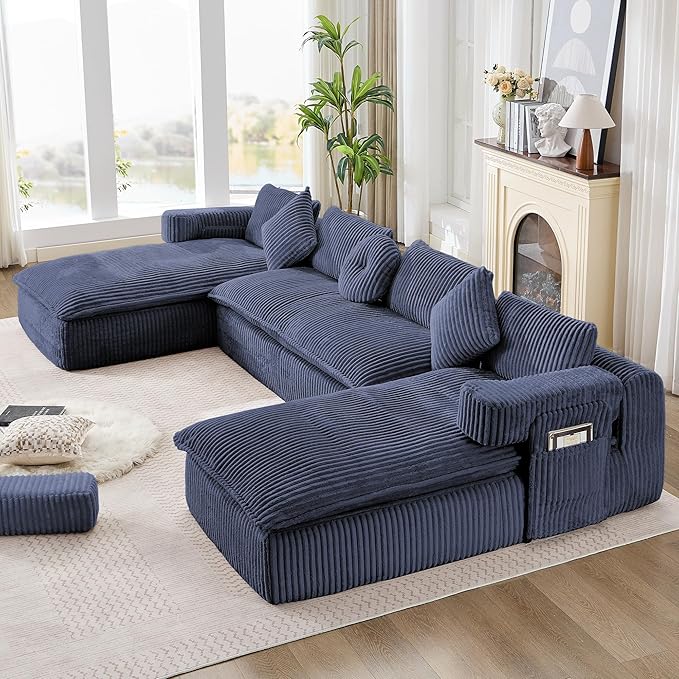 149" Oversized U Shaped Cloud Modular Sectional Sofa Boneless Couch with Double Chaise,Free Combination Convertible Floor Sofa Bed with Storage Pockets and Pillows | No Assembly