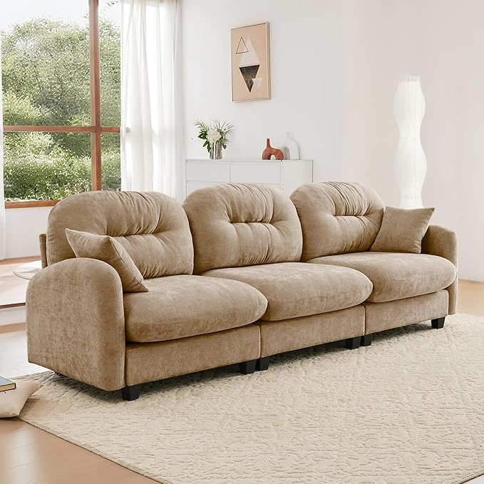 KEIKI 107" Oversized Chenille Modular Sectional Sofa with High-Density Foam Cushion and Tufted Pleated Cushion Backrest, Upholstered Modern 3-Seater Cloud Couch with 2 Pillow, for Living Room, Camel