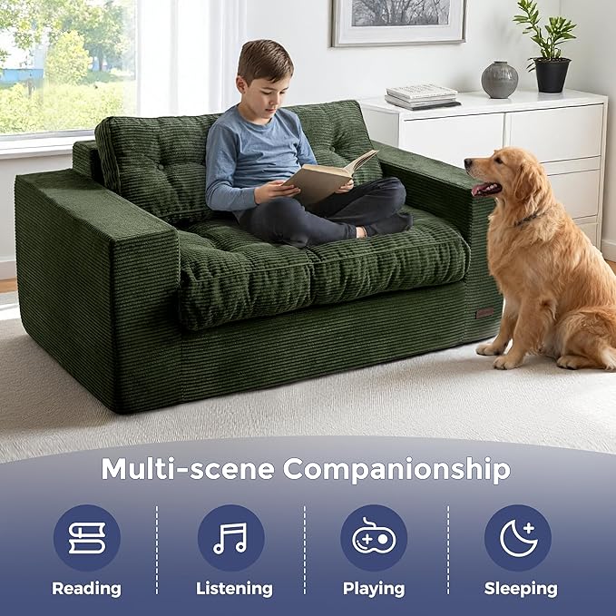 MAXYOYO Loveseat Sofa Couch, Upholstered Bean Bag Chair Cloud 2-Seat for Adults, Boneless Couch with Tufted Cushion & Pillows, Sofa in A Box, No Assembly Required, Dark Green
