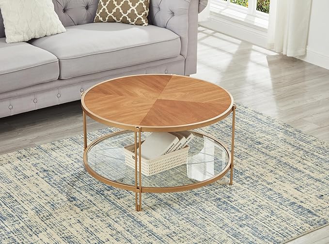 32" Round Wood Coffee Table with Glass Bottom, Circle Coffee Table with Wood Top ＆ Metal Frame, Small Center Table for Living Room, Apartment (32" Dx32 Wx18 H, Gold)